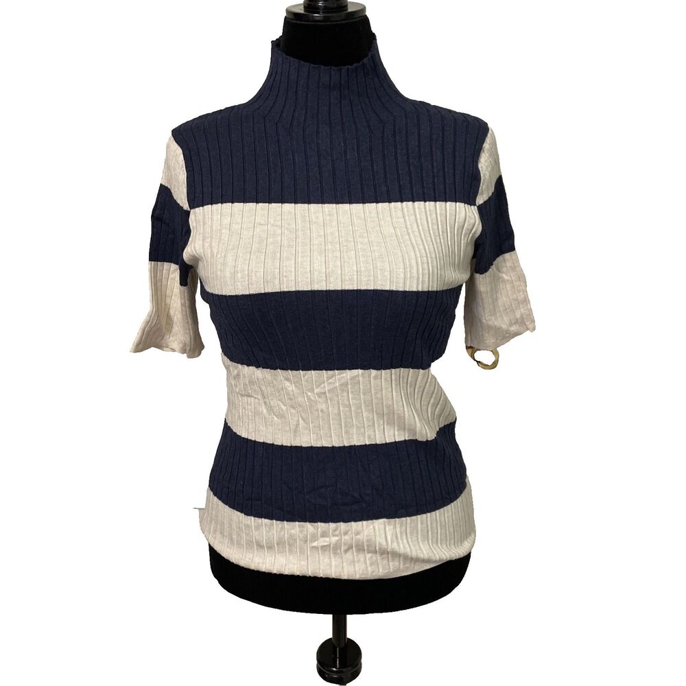 525 America Navy Cream Striped Rib Knit Mock Neck Sweater Womens Large